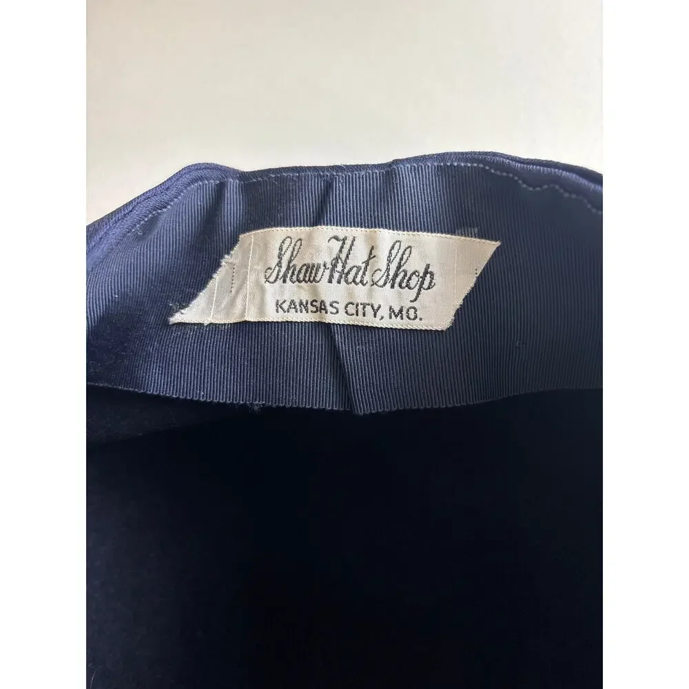 Vintage Ladies Navy Blue Wool and Silk Hat Shaw Hat Shop, Kansas City, Mo.